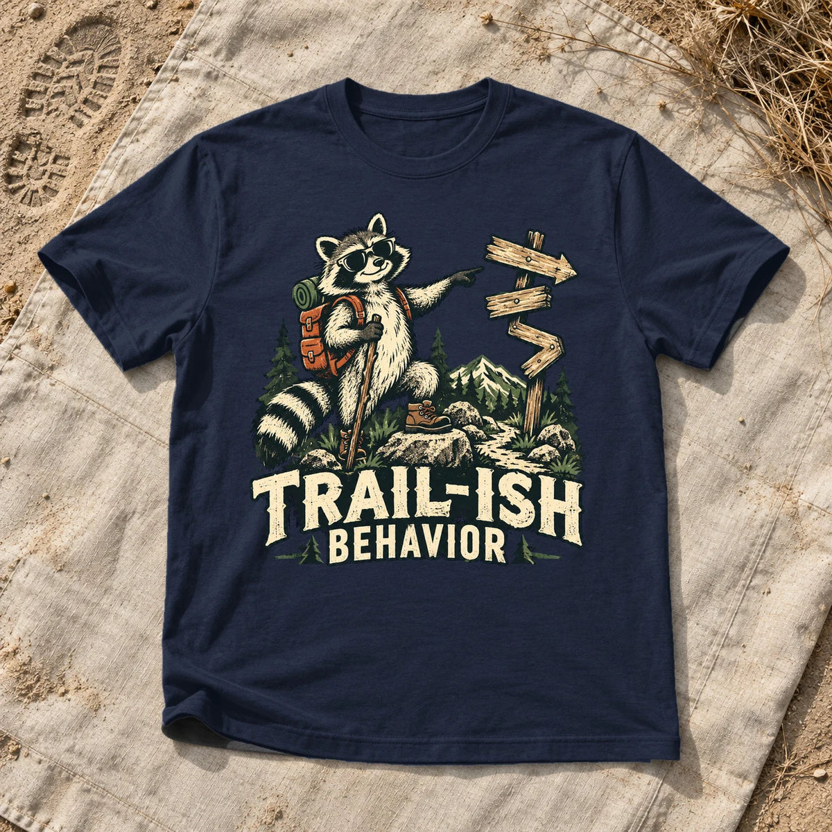 Trail-ish Behavior Raccoon Graphic Tee on Navy Everyday Soft Tee