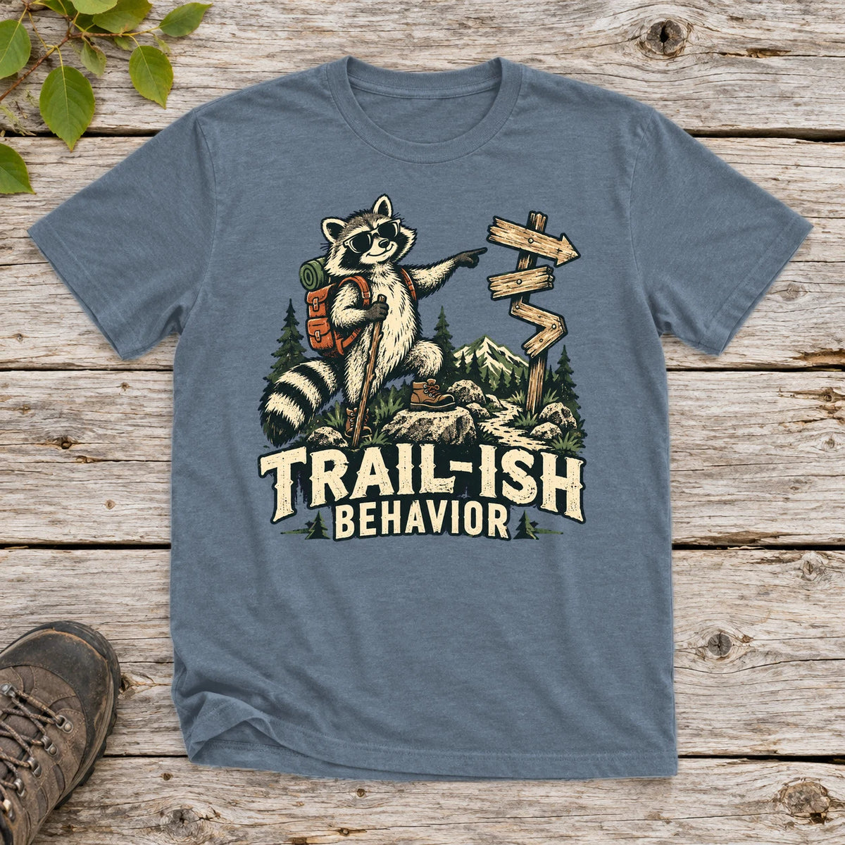 Trail-ish Behavior Raccoon Graphic Tee on Heather Indigo Everyday Soft Tee