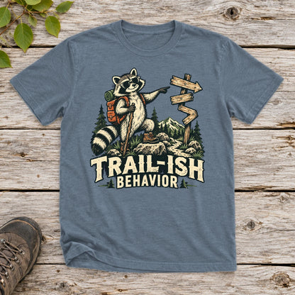 Trail-ish Behavior Raccoon Graphic Tee on Heather Indigo Everyday Soft Tee