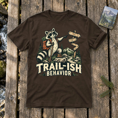 Trail-ish Behavior Raccoon Graphic Tee on Dark Chocolate Everyday Soft Tee