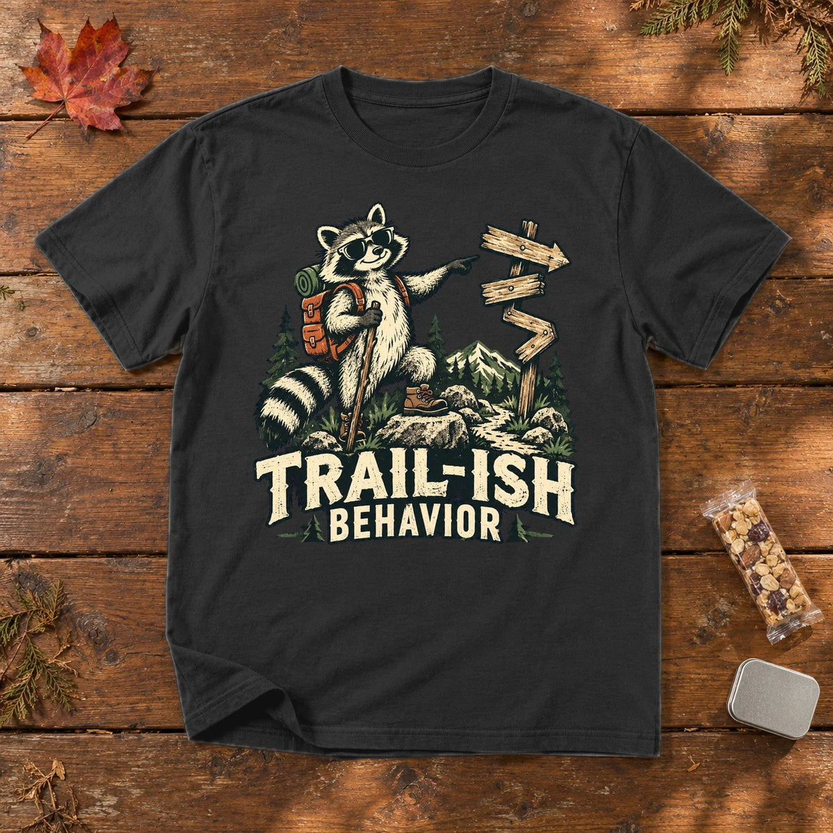 Trail-ish Behavior Raccoon Graphic Tee on Black Premium Tee