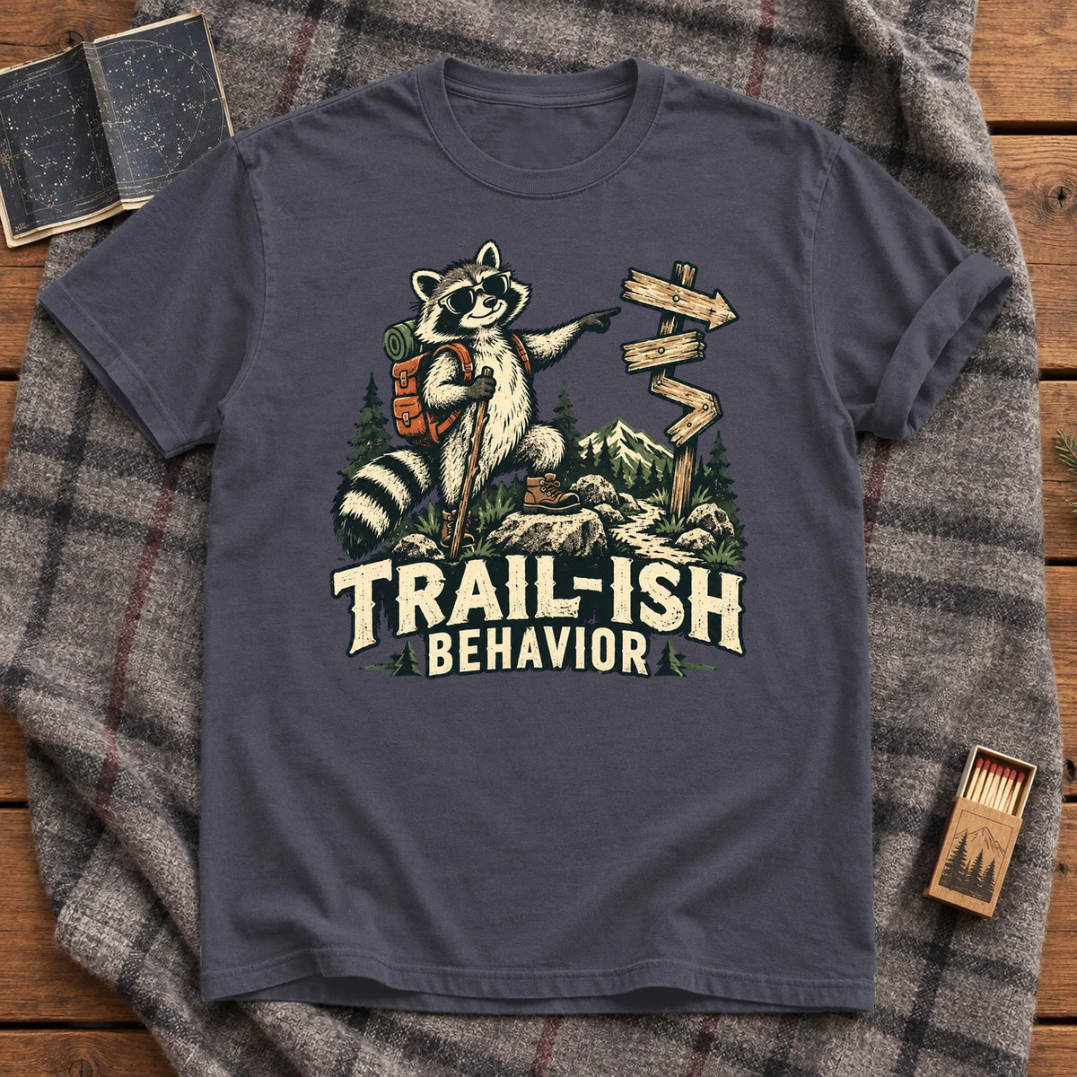 Trail-ish Behavior Raccoon Graphic Tee on Navy Premium Tee