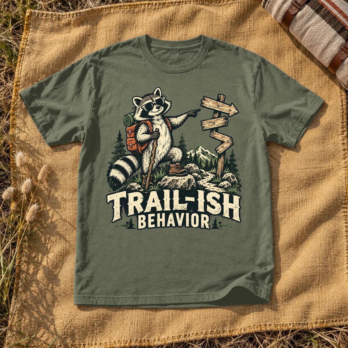 Trail-ish Behavior Raccoon Graphic Tee on Moss Premium Tee