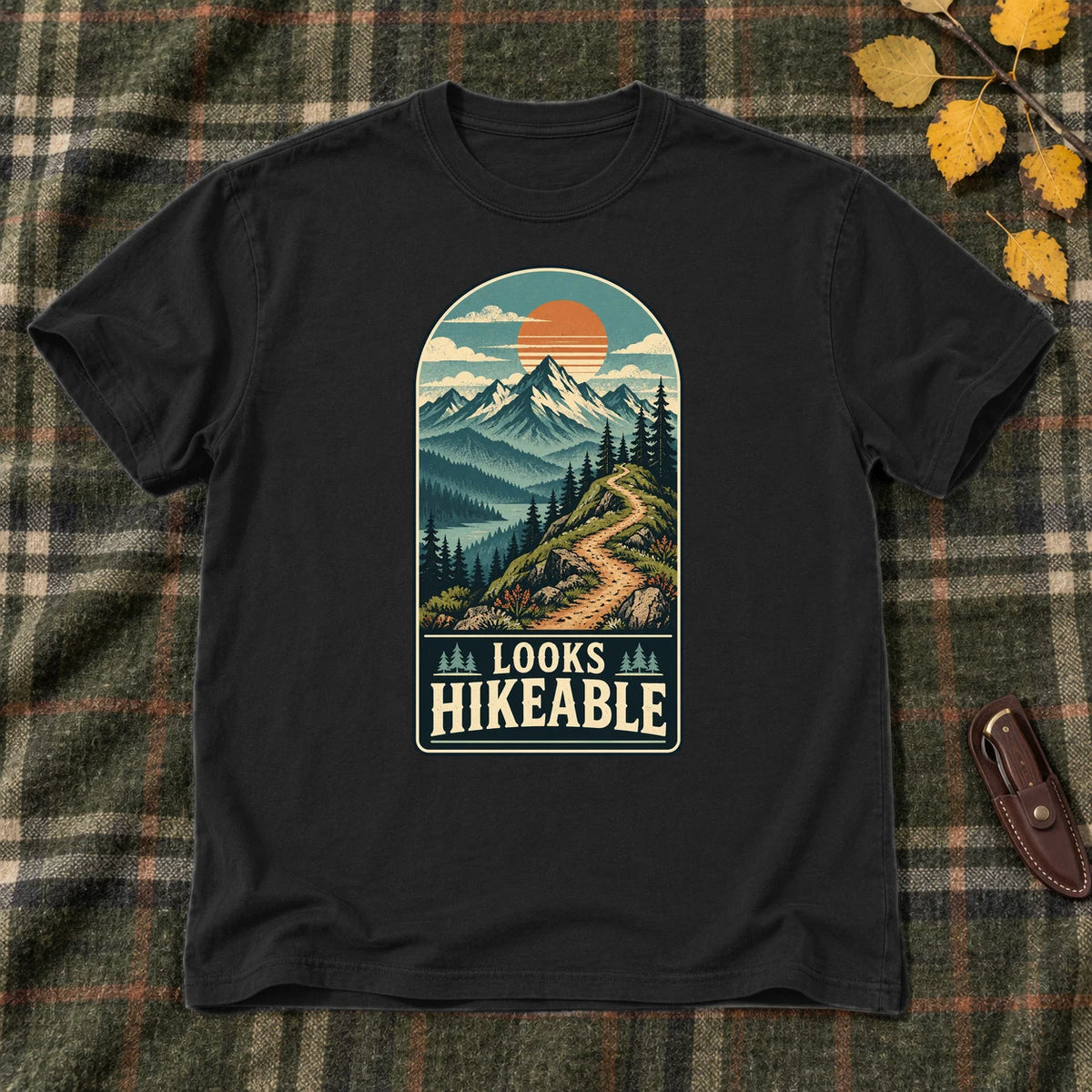 Looks Hikeable Vintage Mountain Graphic Tee on Black Everyday Soft Tee