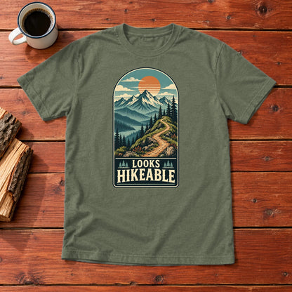Looks Hikeable Vintage Mountain Graphic Tee on Military Green Everyday Soft Tee