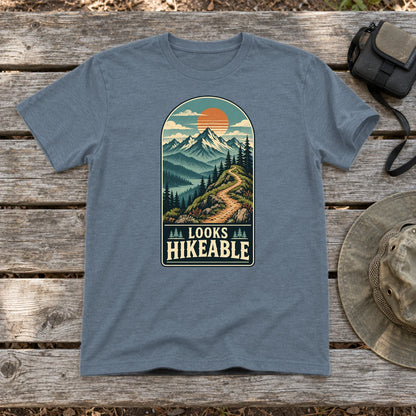 Looks Hikeable Vintage Mountain Graphic Tee on Heather Indigo Everyday Soft Tee