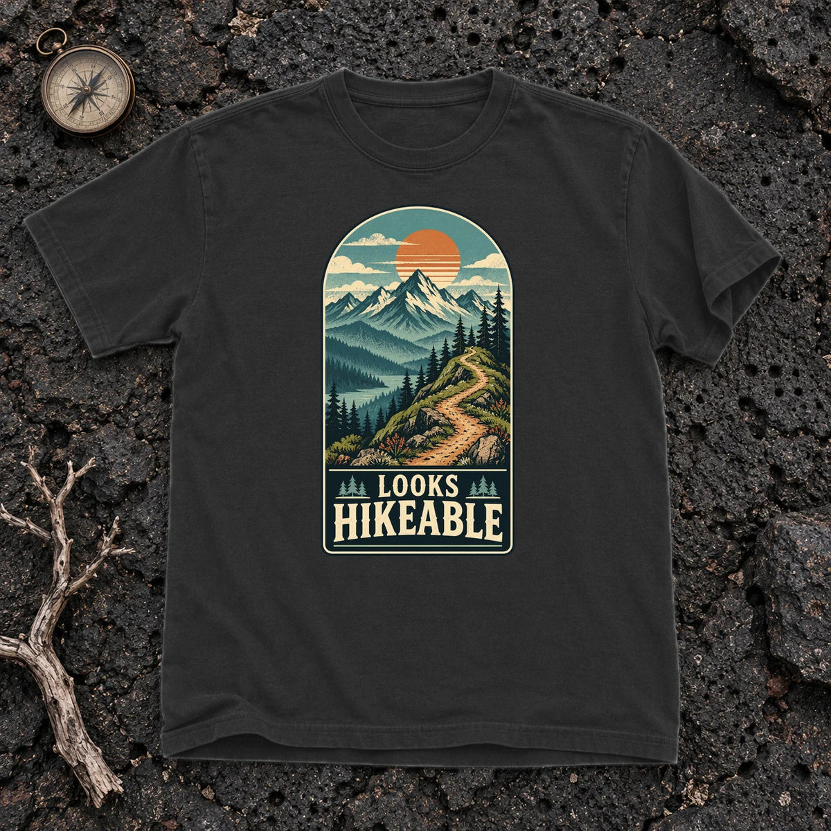 Looks Hikeable Vintage Mountain Graphic Tee on Black Premium Tee