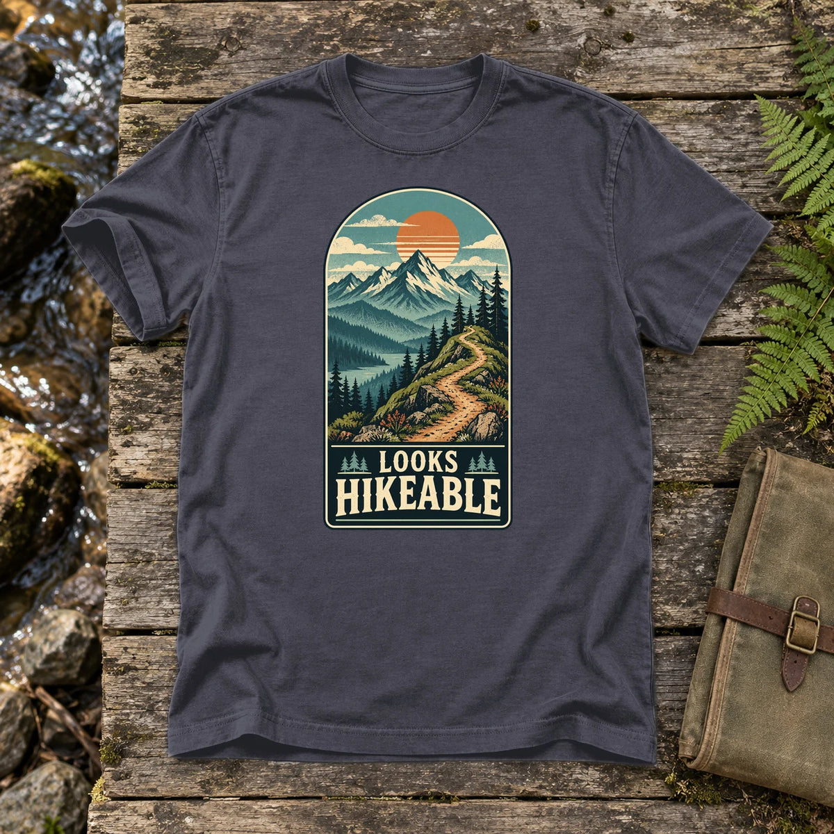 Looks Hikeable Vintage Mountain Graphic Tee on Navy Premium Tee