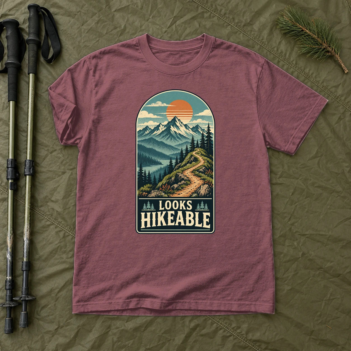 Looks Hikeable Vintage Mountain Graphic Tee on Brick Premium Tee