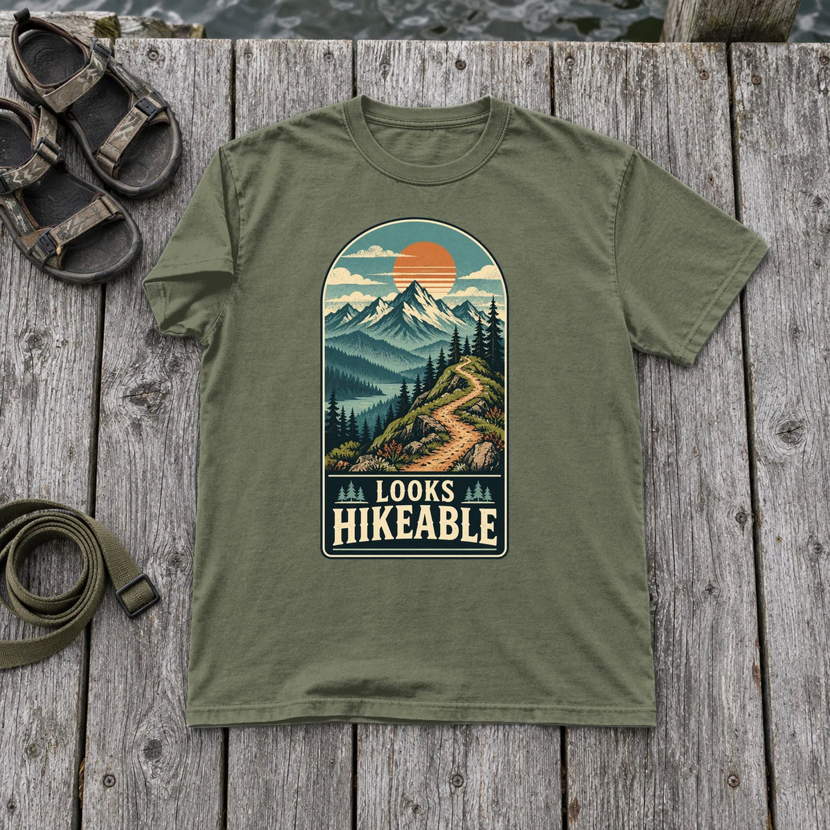 Looks Hikeable Vintage Mountain Graphic Tee on Moss Premium Tee