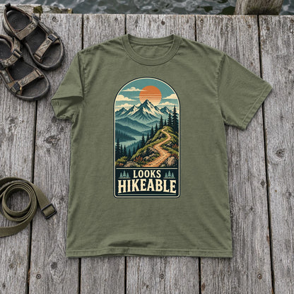 Looks Hikeable Vintage Mountain Graphic Tee on Moss Premium Tee