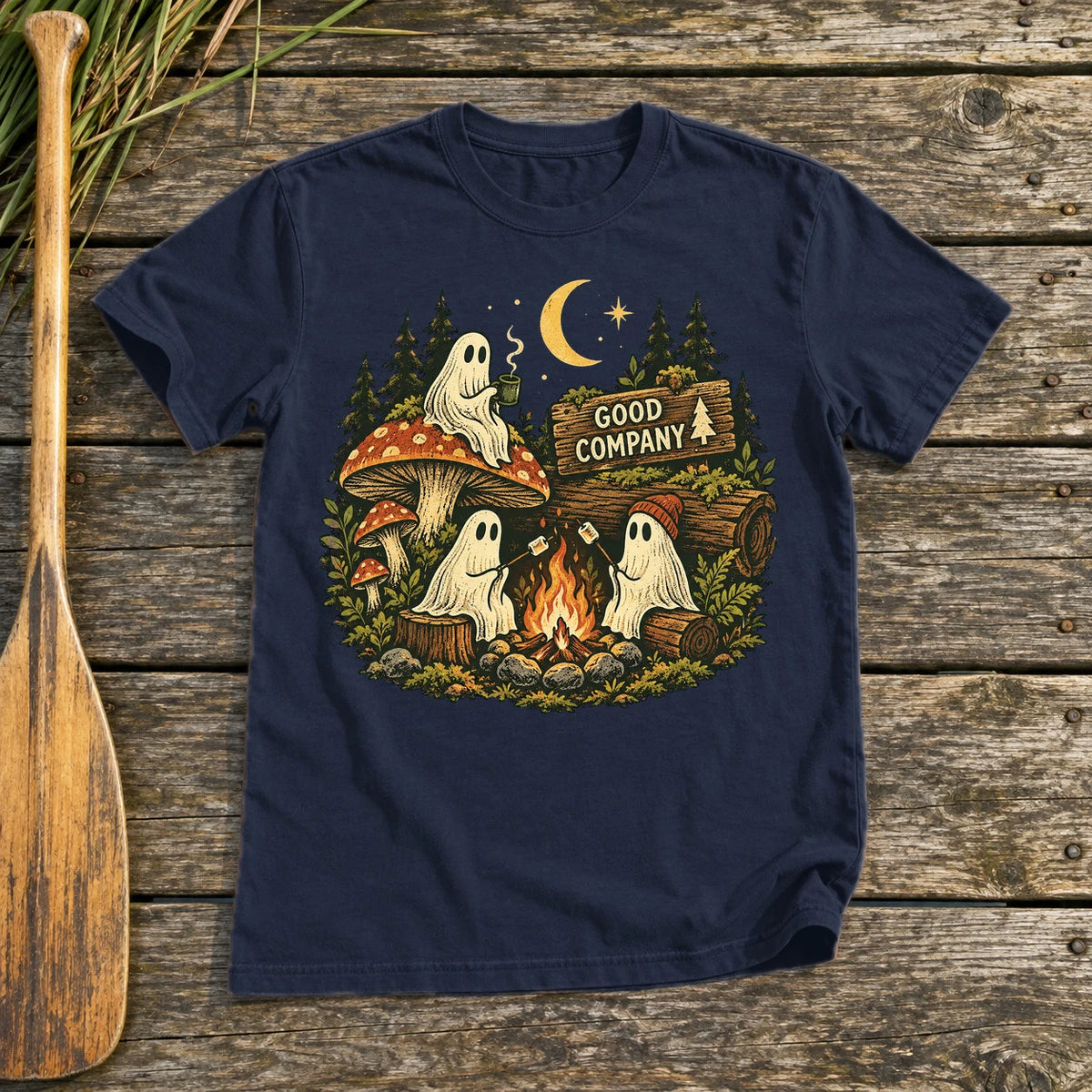 Good Company Ghost Campfire Graphic Tee on Navy Everyday Soft Tee