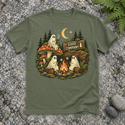 Good Company Ghost Campfire Graphic Tee on Military Green Everyday Soft Tee