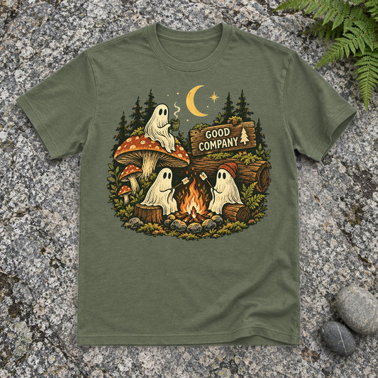 Good Company Ghost Campfire Graphic Tee on Military Green Everyday Soft Tee
