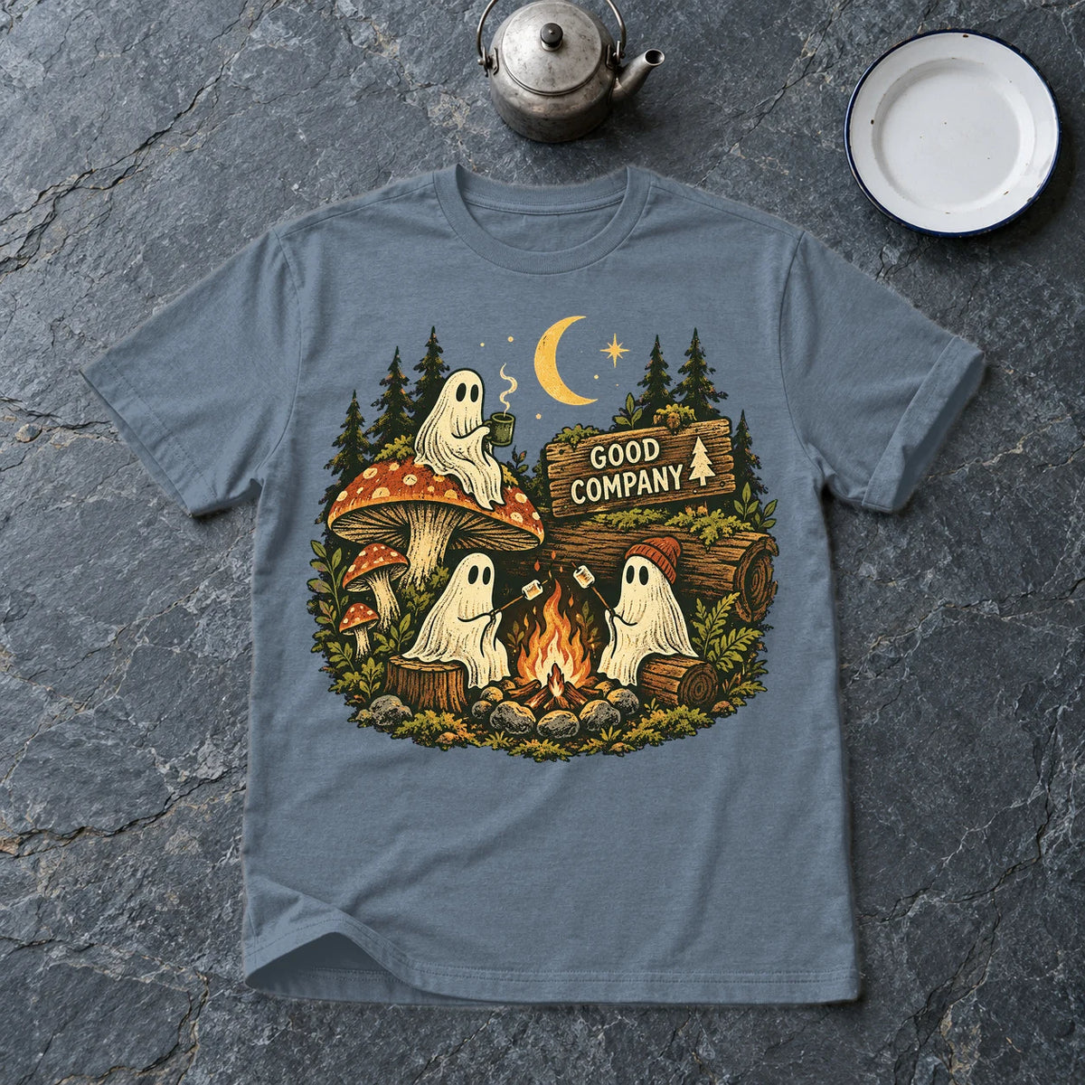 Good Company Ghost Campfire Graphic Tee on Heather Indigo Everyday Soft Tee
