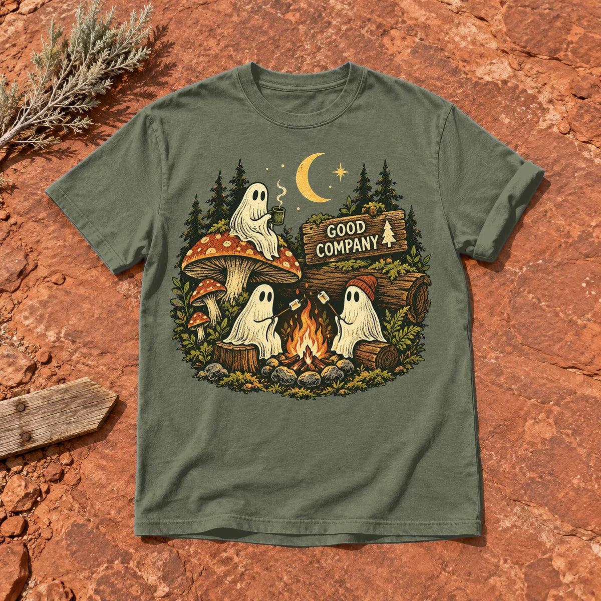 Good Company Ghost Campfire Graphic Tee on Moss Premium Tee