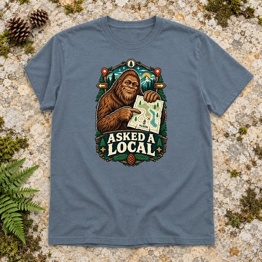 Asked A Local Bigfoot Graphic Tee on Heather Indigo Everyday Soft Tee