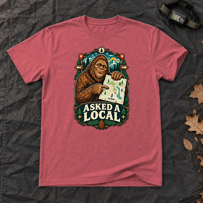 Asked A Local Bigfoot Graphic Tee on Heather Red Everyday Soft Tee