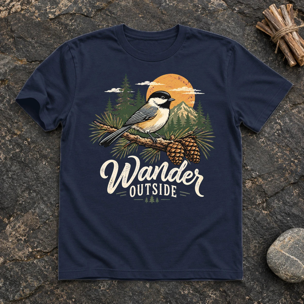 Wander Outside Chickadee Graphic Tee on Navy Everyday Soft Tee