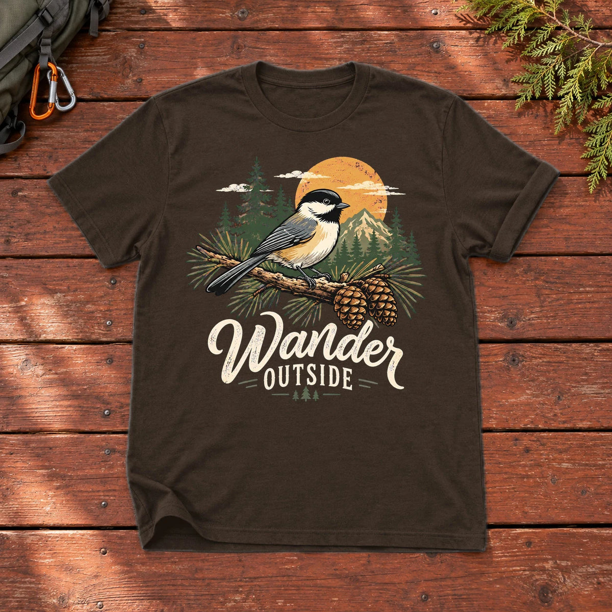 Wander Outside Chickadee Graphic Tee on Dark Chocolate Everyday Soft Tee
