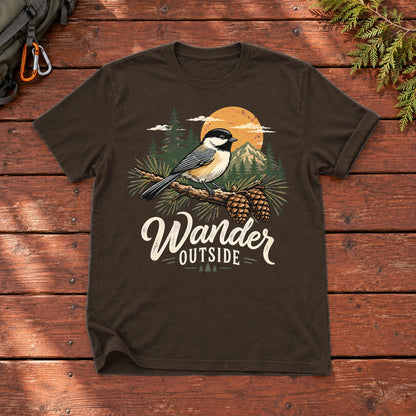 Wander Outside Chickadee Graphic Tee on Dark Chocolate Everyday Soft Tee