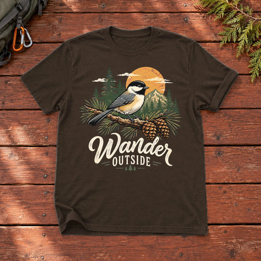 Wander Outside Chickadee Graphic Tee on Dark Chocolate Everyday Soft Tee