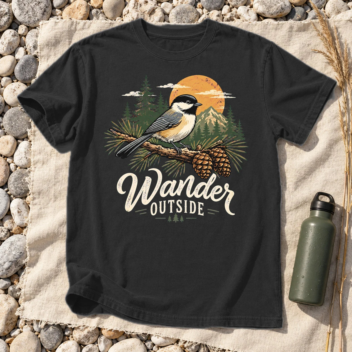 Wander Outside Chickadee Graphic Tee on Black Premium Tee