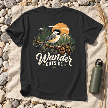 Wander Outside Chickadee Graphic Tee on Black Premium Tee