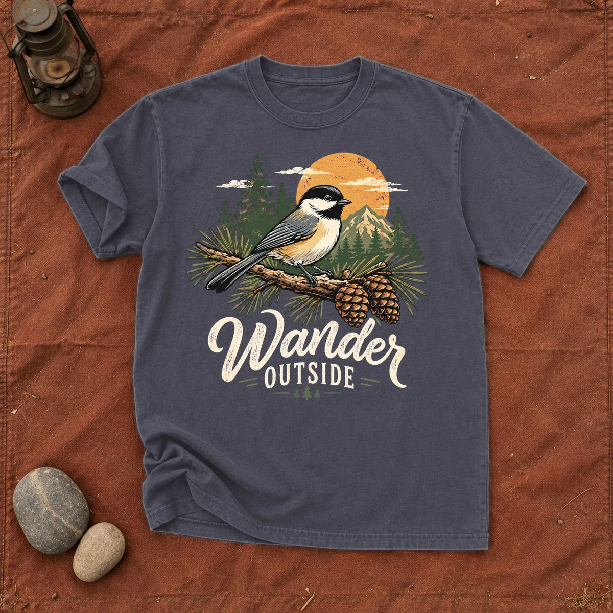 Wander Outside Chickadee Graphic Tee on Navy Premium Tee