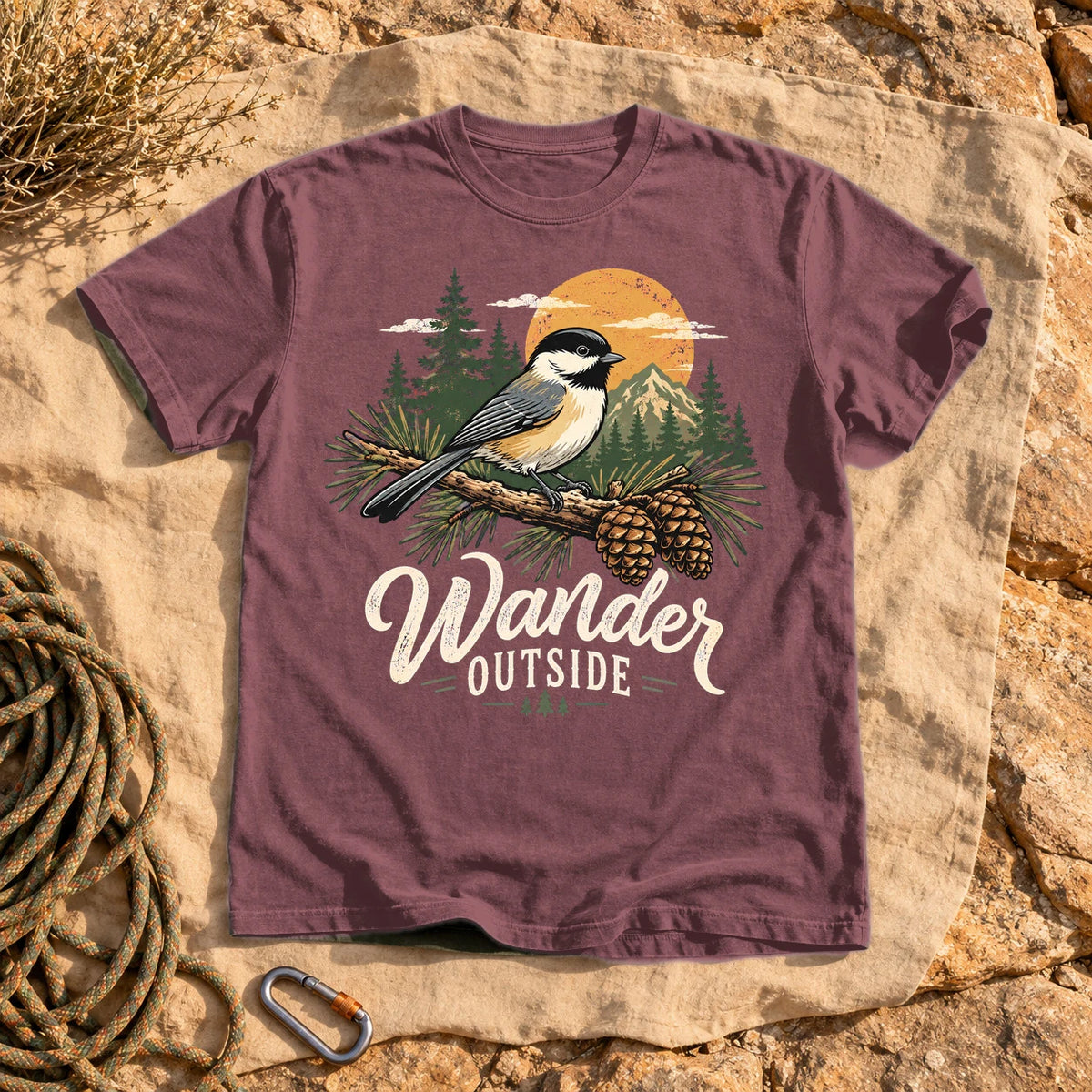 Wander Outside Chickadee Graphic Tee on Brick Premium Tee