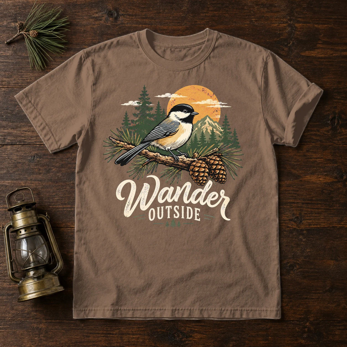 Wander Outside Chickadee Graphic Tee on Espresso Premium Tee