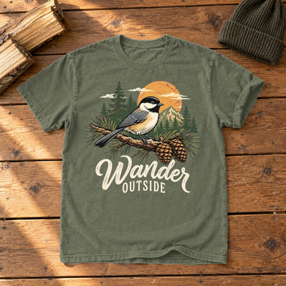 Wander Outside Chickadee Graphic Tee on Moss Premium Tee