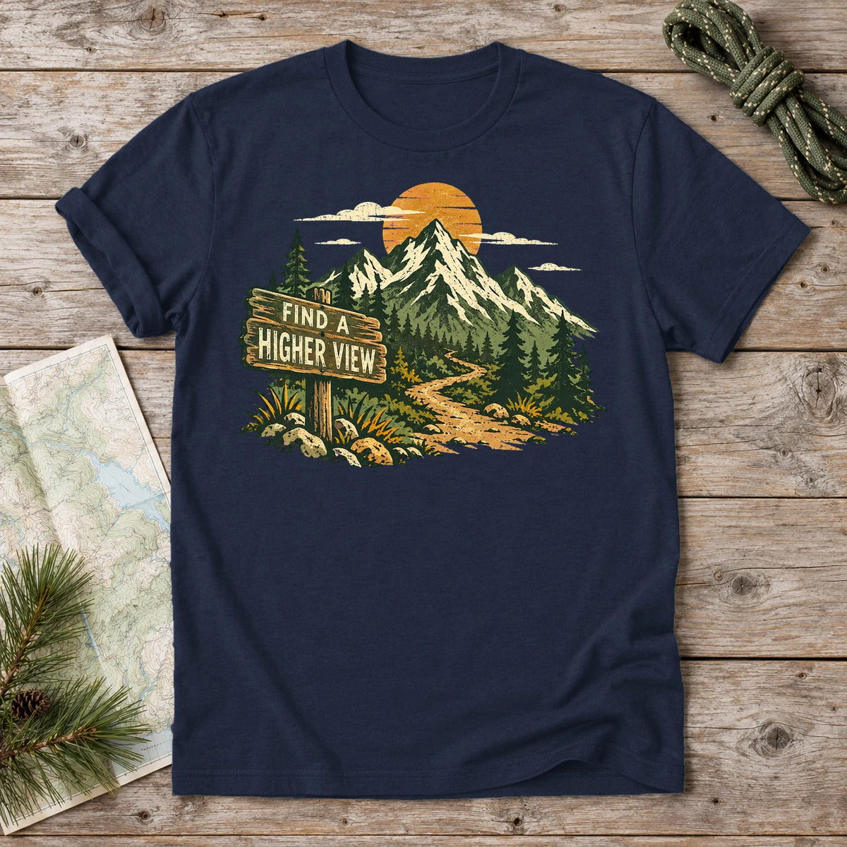 Find A Higher View Mountain Graphic Tee on Navy Everyday Soft Tee