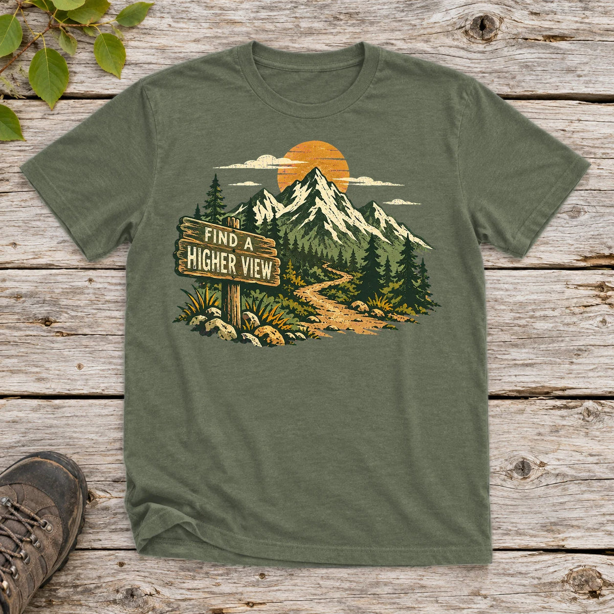 Find A Higher View Mountain Graphic Tee on Military Green Everyday Soft Tee