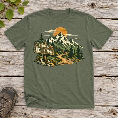 Find A Higher View Mountain Graphic Tee on Military Green Everyday Soft Tee