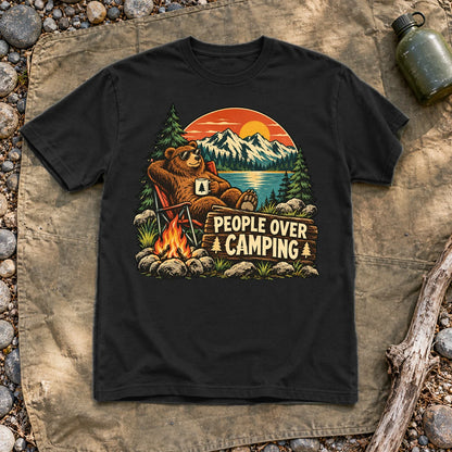 People Over Camping Bear Graphic Tee on Black Everyday Soft Tee