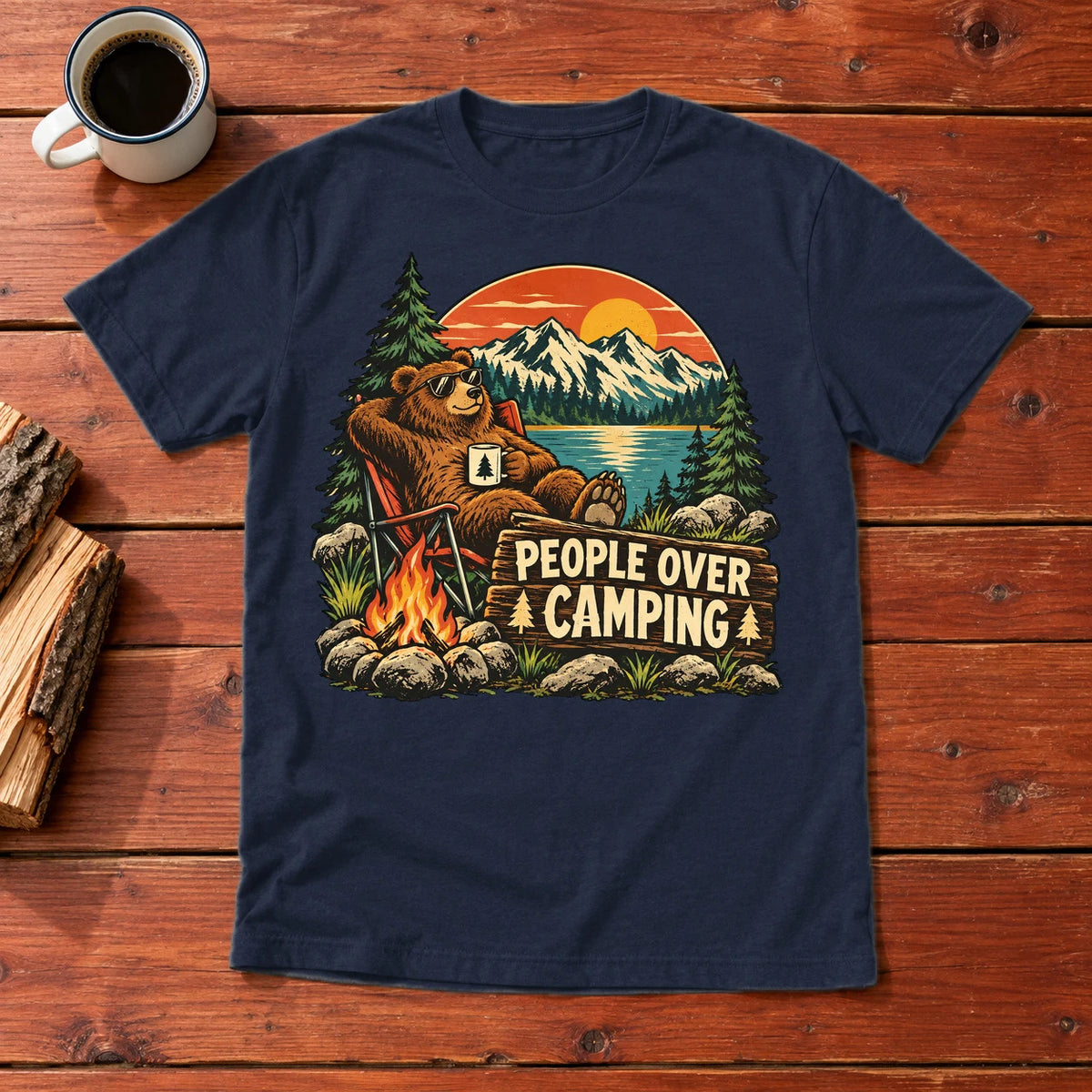 People Over Camping Bear Graphic Tee on Navy Everyday Soft Tee