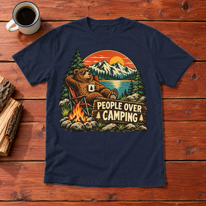 People Over Camping Bear Graphic Tee on Navy Everyday Soft Tee