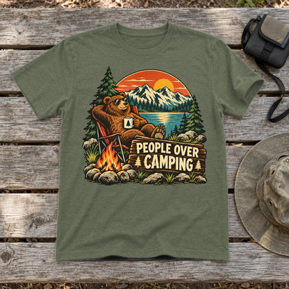 People Over Camping Bear Graphic Tee on Military Green Everyday Soft Tee