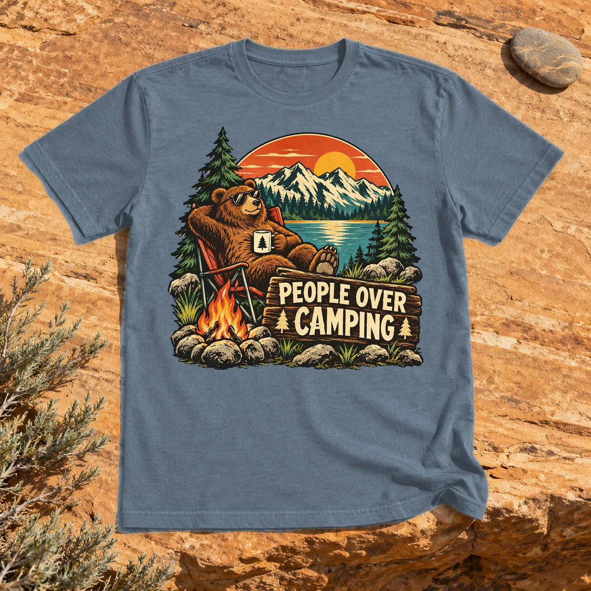 People Over Camping Bear Graphic Tee on Heather Indigo Everyday Soft Tee