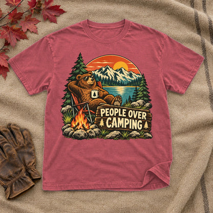 People Over Camping Bear Graphic Tee on Heather Red Everyday Soft Tee