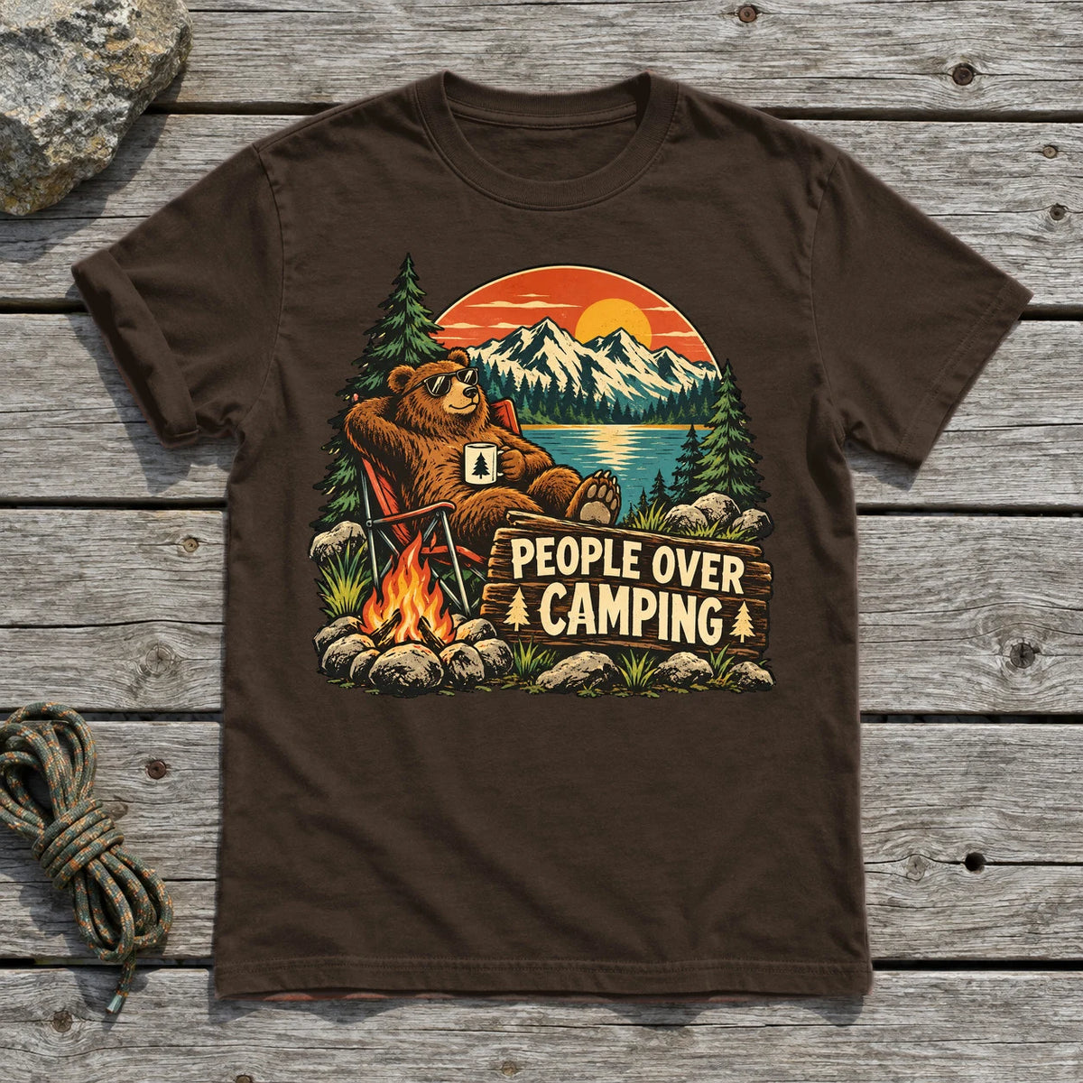 People Over Camping Bear Graphic Tee on Dark Chocolate Everyday Soft Tee