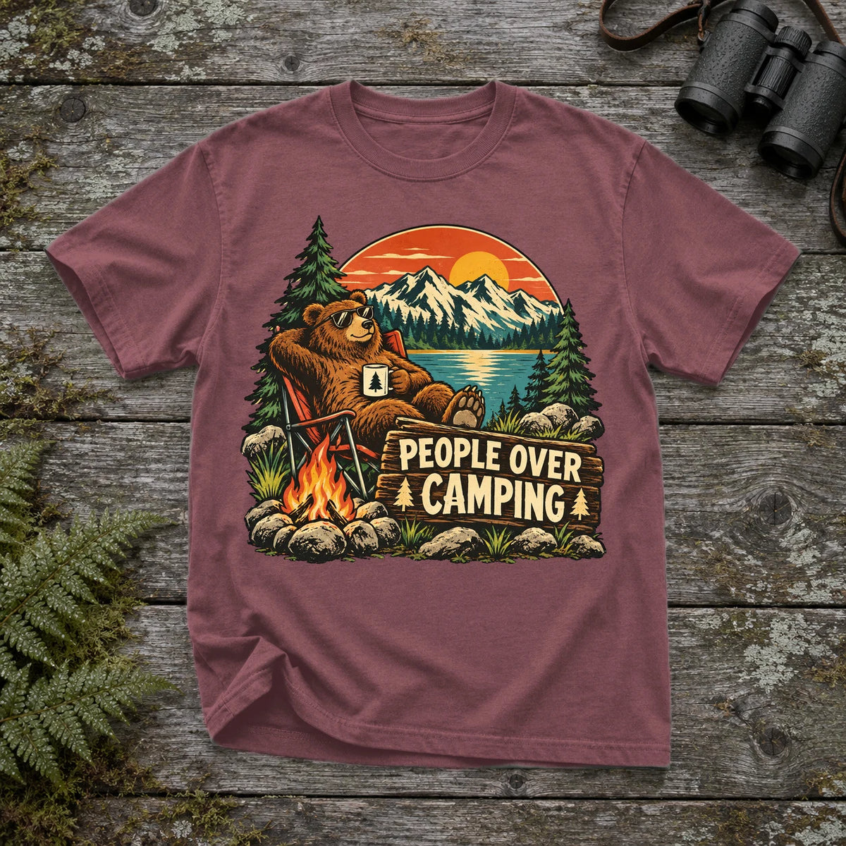 People Over Camping Bear Graphic Tee on Brick Premium Tee