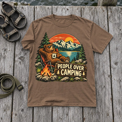 People Over Camping Bear Graphic Tee on Espresso Premium Tee