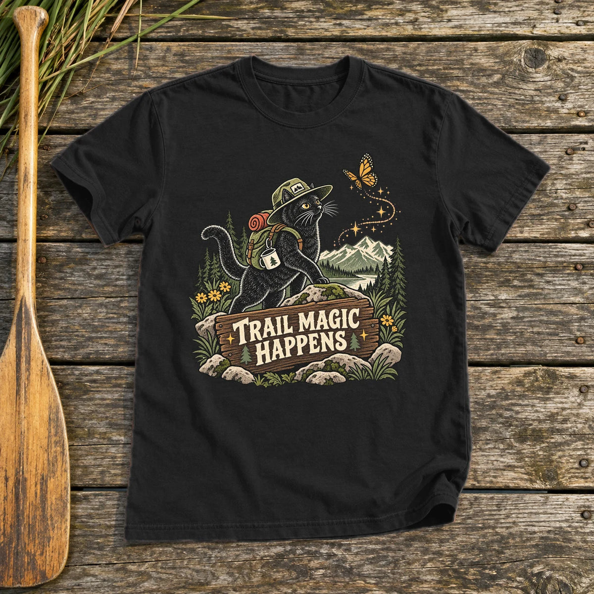 Trail Magic Happens Cat Graphic Tee on Black Everyday Soft Tee