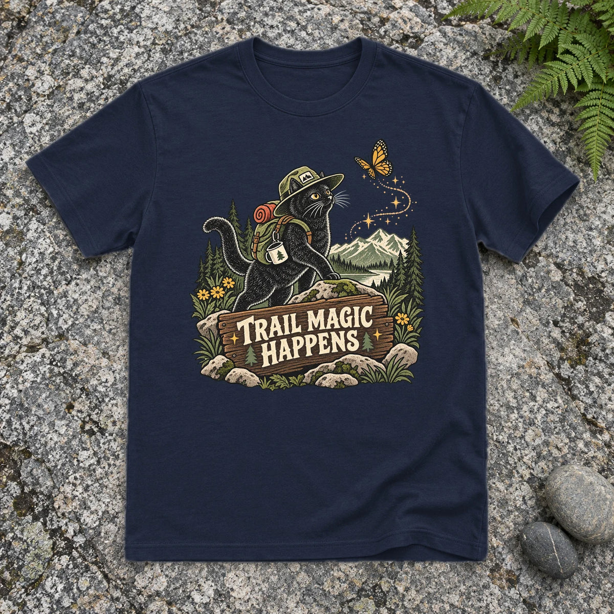 Trail Magic Happens Cat Graphic Tee on Navy Everyday Soft Tee