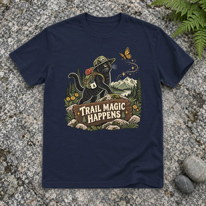 Trail Magic Happens Cat Graphic Tee on Navy Everyday Soft Tee