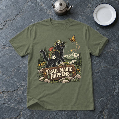 Trail Magic Happens Cat Graphic Tee on Military Green Everyday Soft Tee
