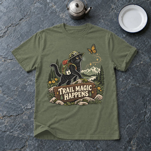 Trail Magic Happens Cat Graphic Tee on Military Green Everyday Soft Tee