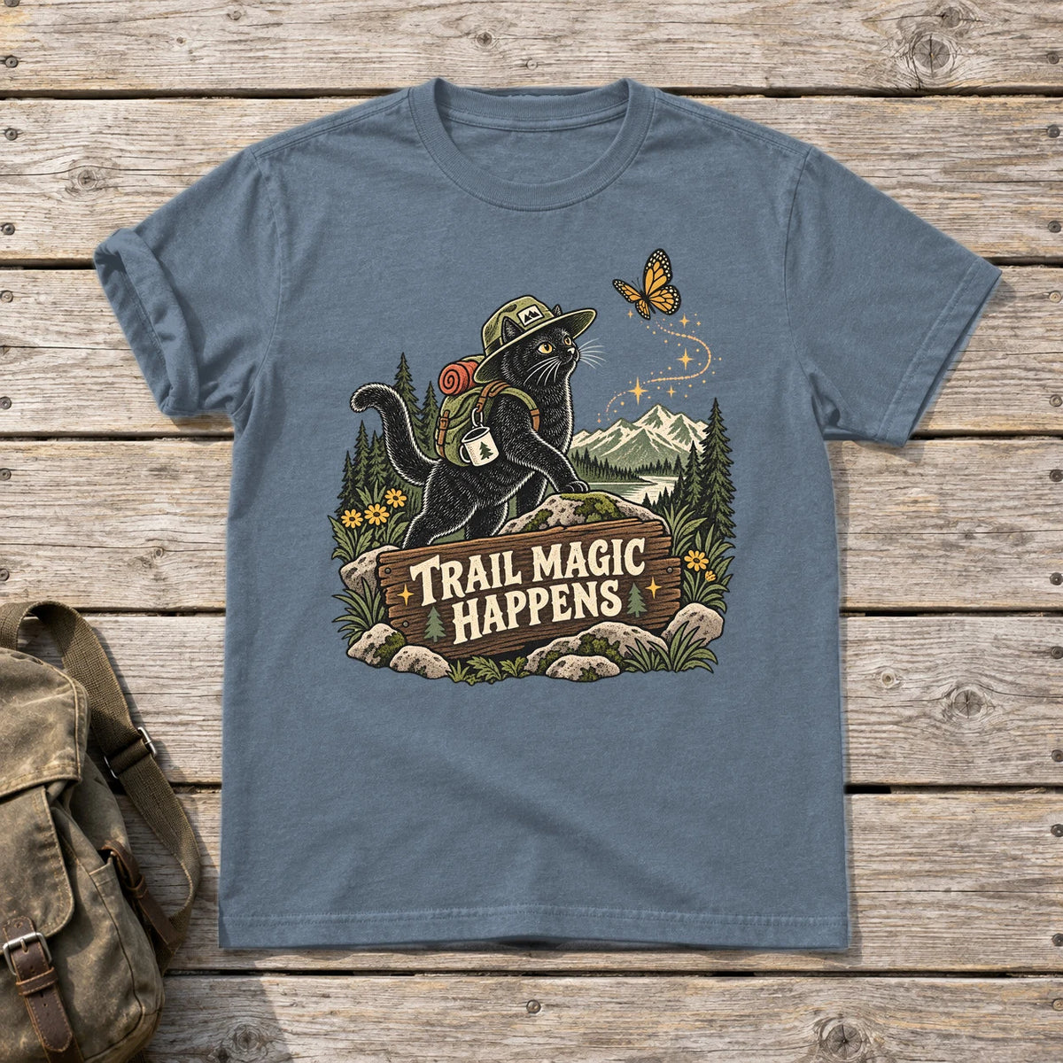 Trail Magic Happens Cat Graphic Tee on Heather Indigo Everyday Soft Tee